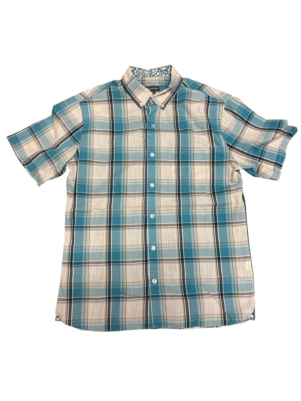 Van Heusen Men’s Medium 15-15.5 TealBlue Beige Plaid Short Sleeve ButtonUp Shirt